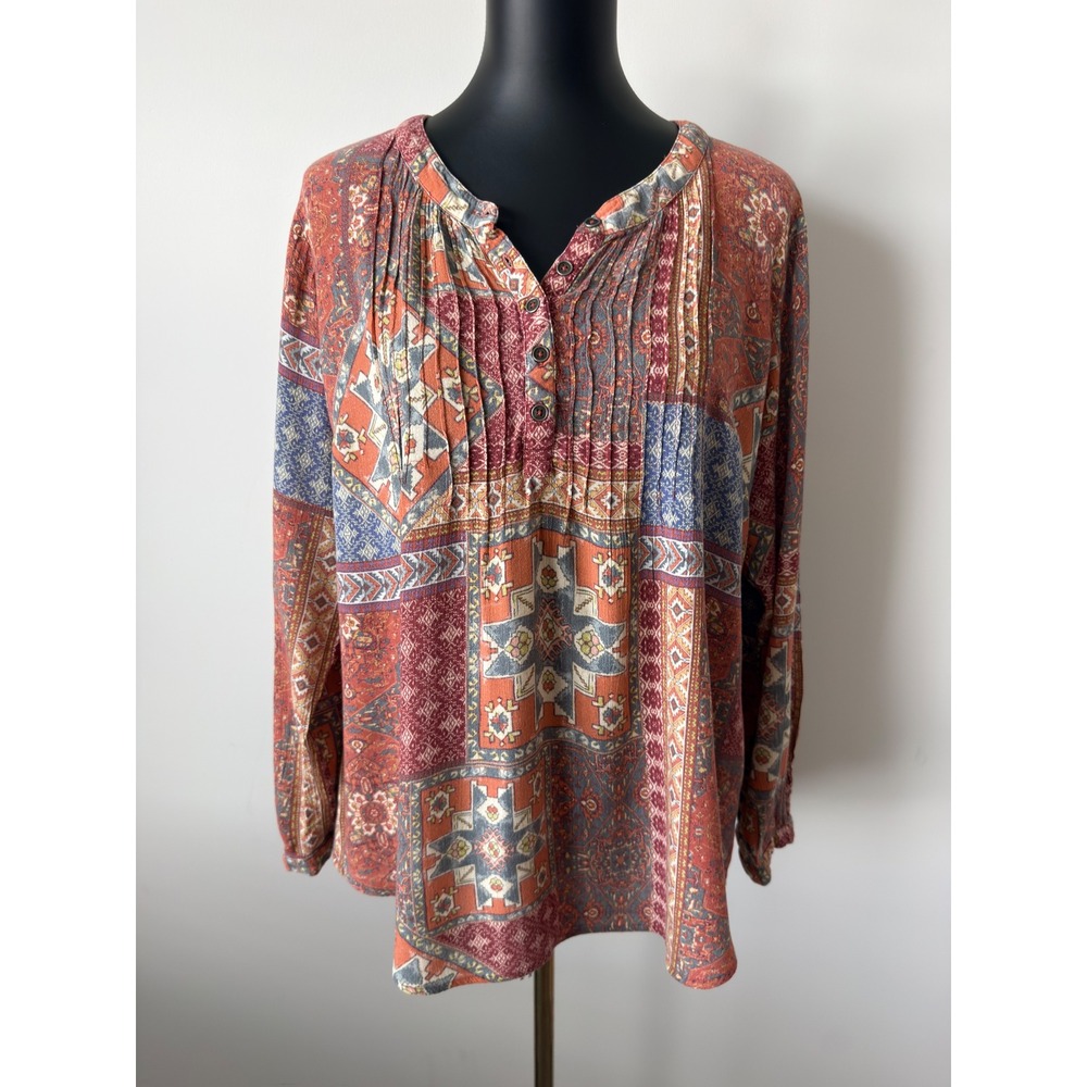 Coldwater Creek Womens Large Patchwork Tapestry Pintuck Button Front Blouse Rust